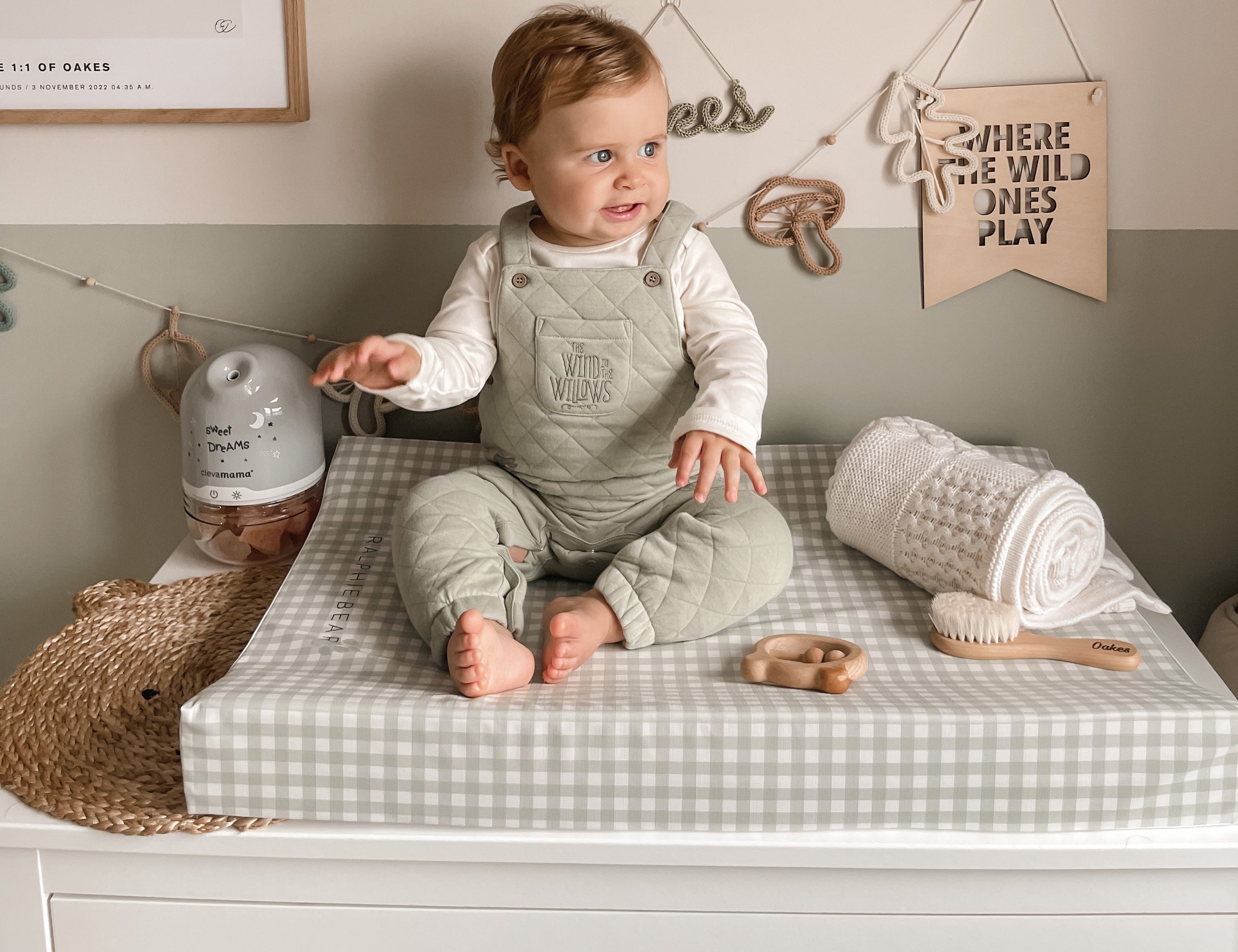 Ralphie Bear Gingham Sage Green Anti Roll Wedge Baby Changing Mat 2