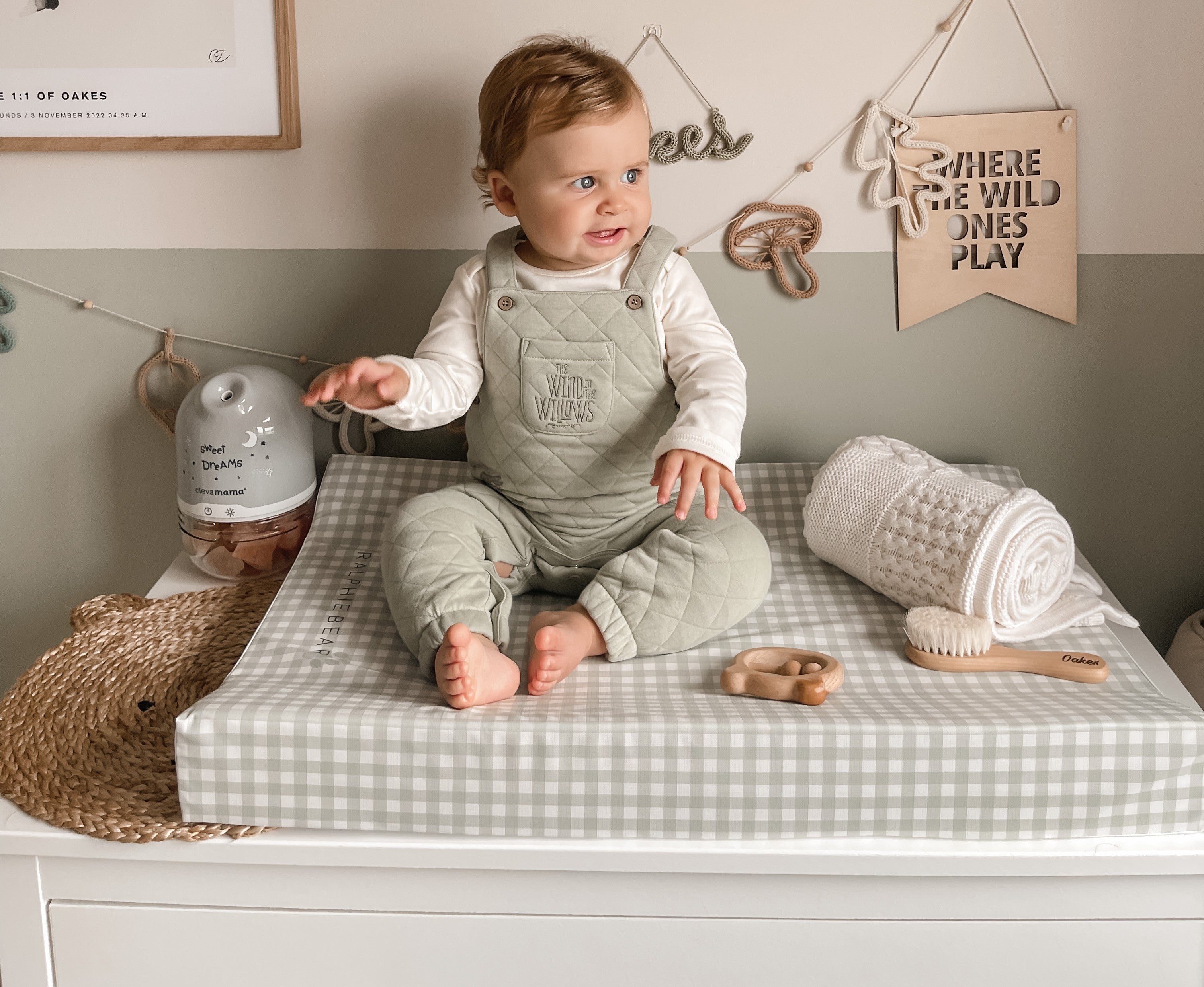 Ralphie Bear Gingham Sage Green Anti Roll Wedge Baby Changing Mat 2
