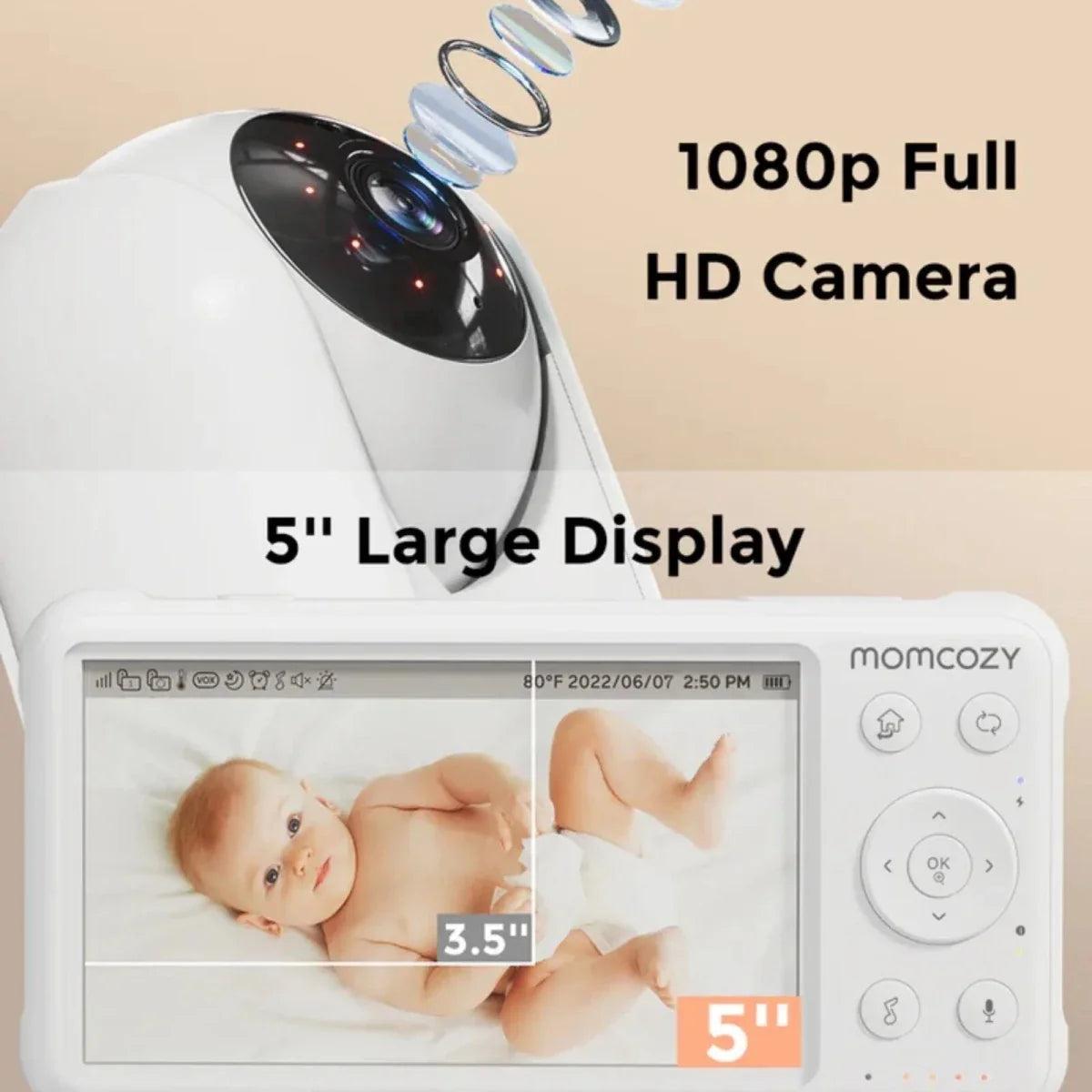 Baby monitor with 1080p full HD camera and 5-inch large display, featuring the brand 'momcozy'.