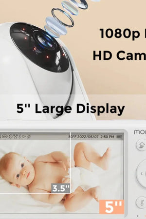 Baby monitor with 1080p full HD camera and 5-inch large display, featuring the brand 'momcozy'.