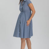 Woman wearing a blue striped dress on a gray background