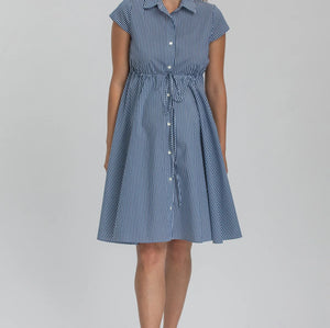 Woman wearing a blue striped dress on a gray background