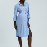 Woman wearing a blue and white striped dress on a white background