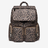 Leopard print backpack with 'Teva' branding on a white background