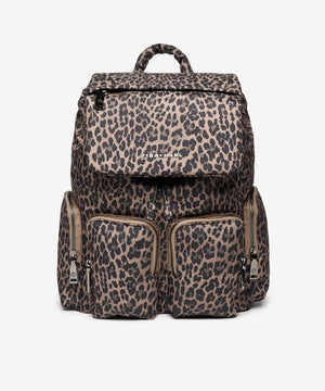 Leopard print backpack with 'Teva' branding on a white background