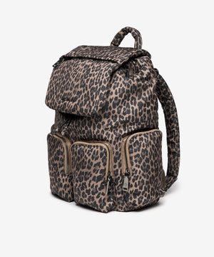 Leopard print backpack on a white background