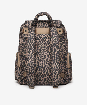 Leopard print backpack on a white background