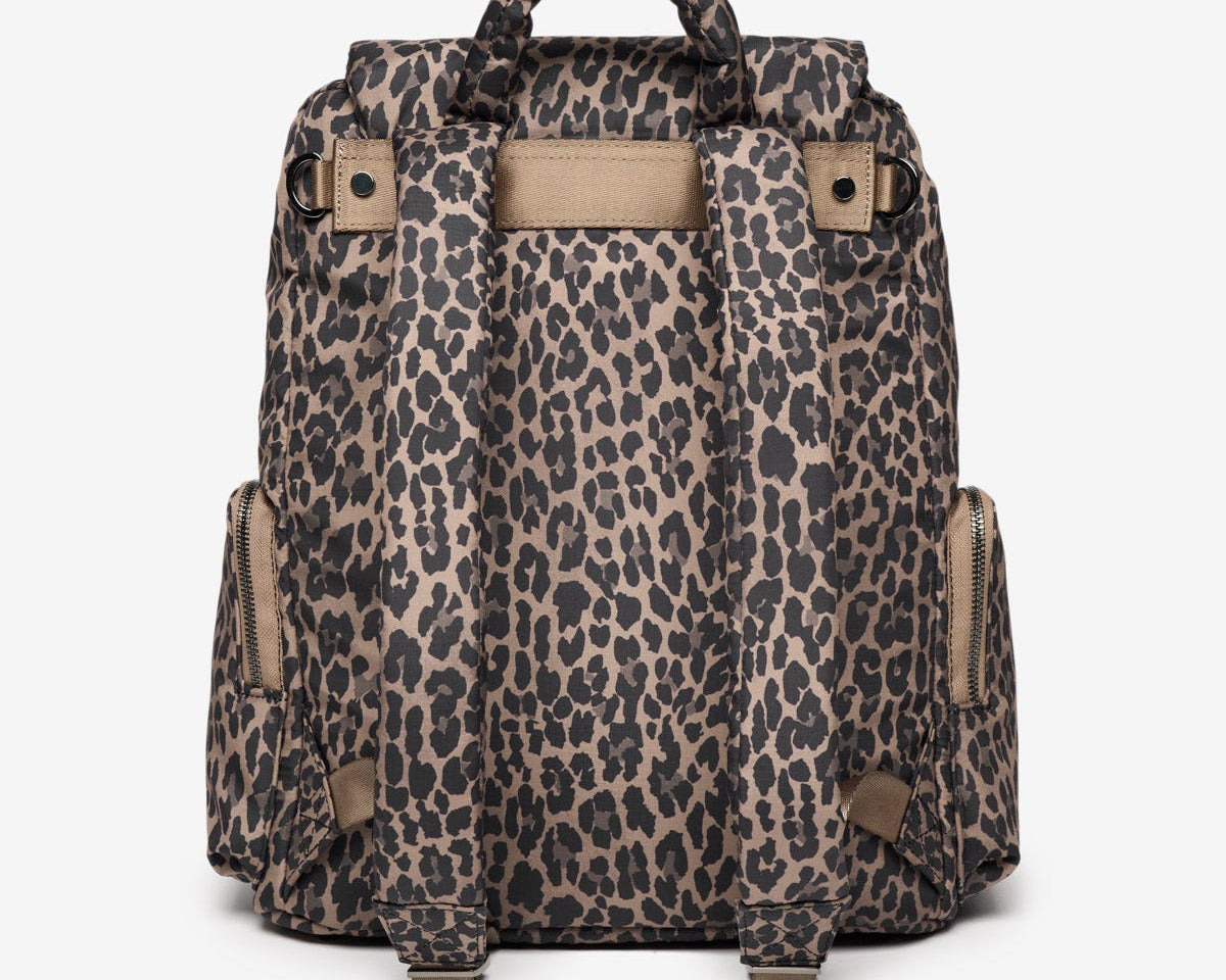 Leopard print backpack on a white background