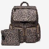 Leopard print backpack and pouch set on a white background