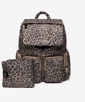 Leopard print backpack and pouch set on a white background