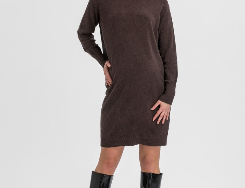 A woman modeling a dark brown long-sleeve turtleneck sweater dress with black knee-high boots, standing against a light gray studio background.