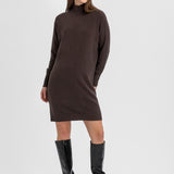 A woman modeling a dark brown ribbed knit turtleneck sweater dress with black knee-high leather boots, standing against a light gray studio background.