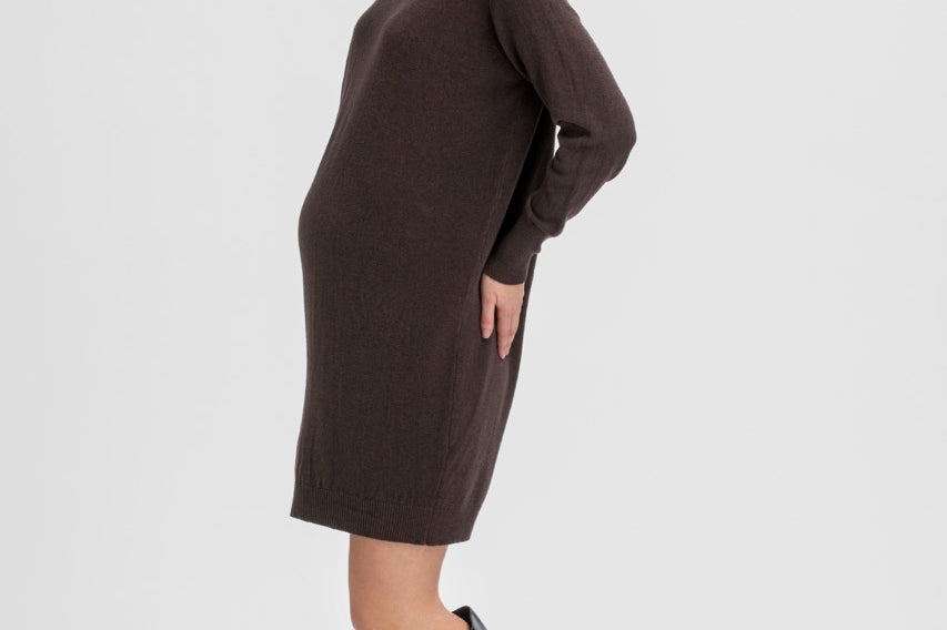 A pregnant model wearing a dark brown long-sleeve mock-neck knit sweater dress and black knee-high leather boots, standing against a light gray studio background.