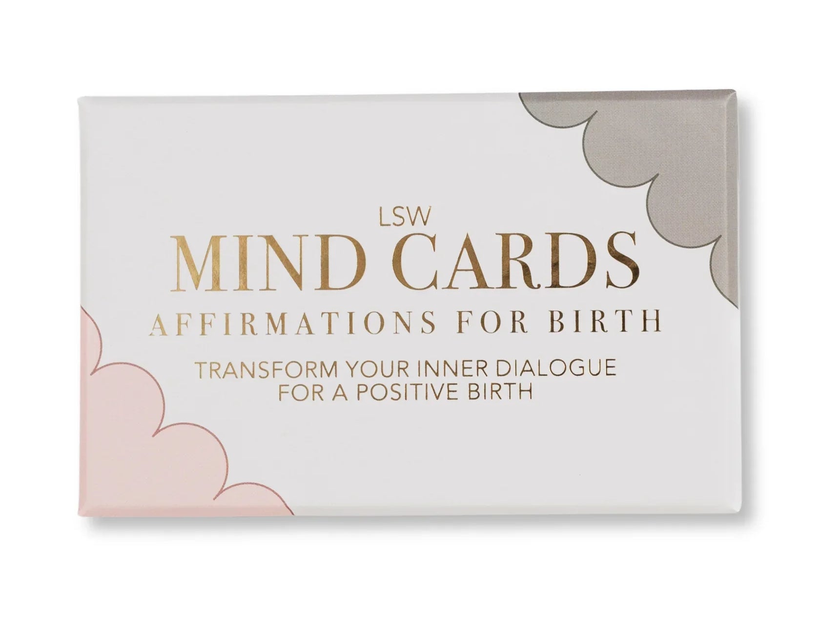LSW Mind Cards Affirmations for Birth card deck packaging, featuring a white box with gold lettering and soft pink and gray cloud illustrations on a clean white background.