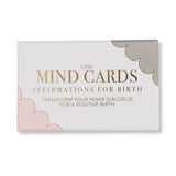 LSW Mind Cards Affirmations for Birth card deck packaging, featuring a white box with gold lettering and soft pink and gray cloud illustrations on a clean white background.