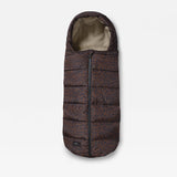 A puffer footmuff in a dark brown and black leopard print pattern, featuring a beige fleece lining visible at the opening, shown against a light gray background.