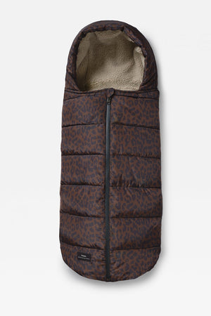 A puffer footmuff in a dark brown and black leopard print pattern, featuring a beige fleece lining visible at the opening, shown against a light gray background.