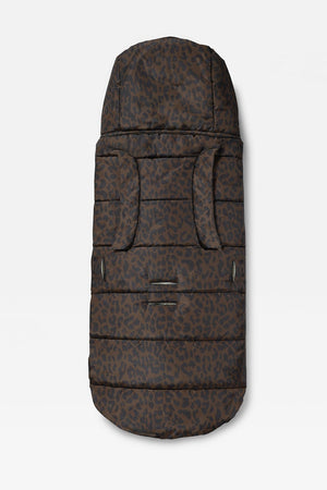 A padded stroller liner or seat cover with a dark brown and black leopard print pattern, shown from a top-down view on a light gray background.