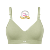 A sage green wireless baby bra by lesh. on a white background, featuring a 'Best baby Awards 2023 Gold' badge overlay near the neckline.