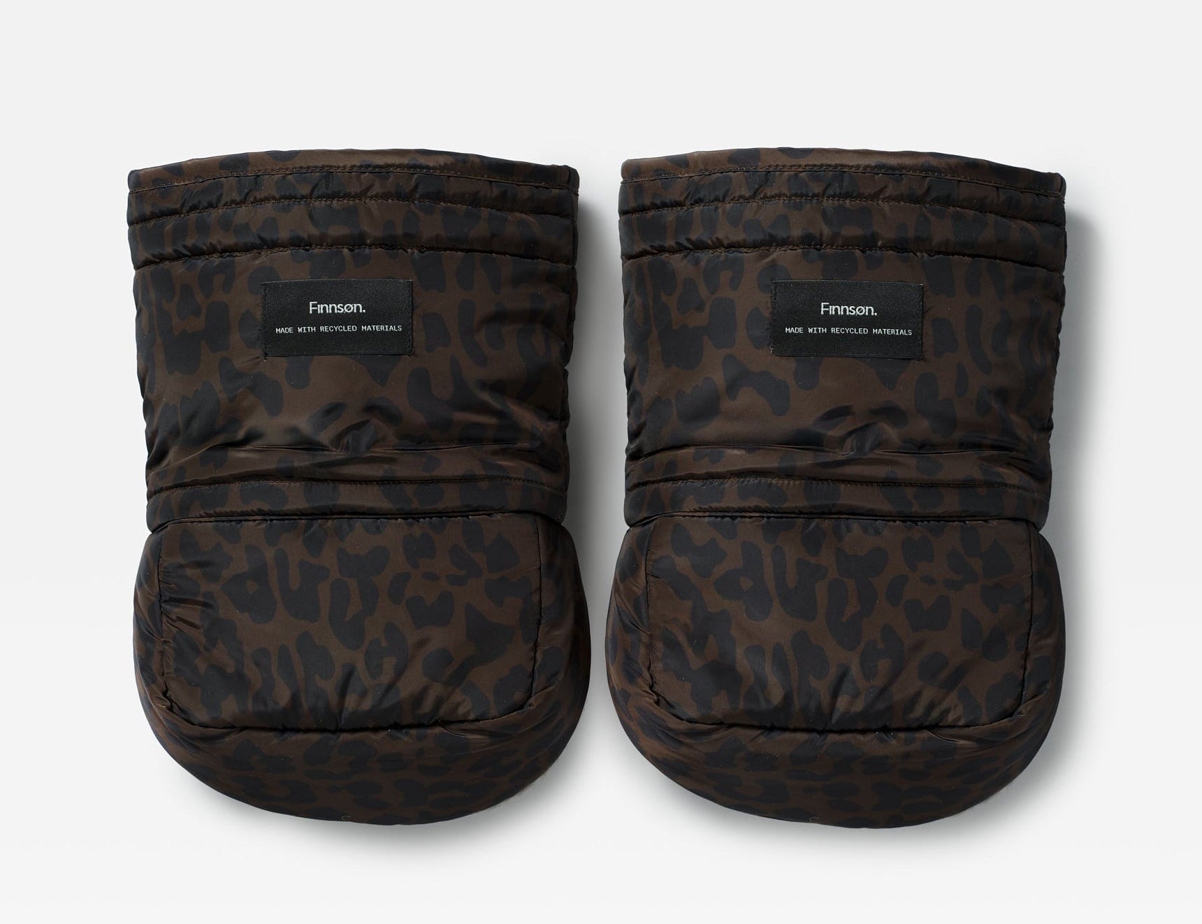 Astrid Eco Universal Stroller Mittens in Chocolate Leopard: pair of quilted mittens with Finnson label, front view