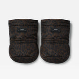 Astrid Eco Universal Stroller Mittens in Chocolate Leopard: pair of quilted mittens with Finnson label, front view