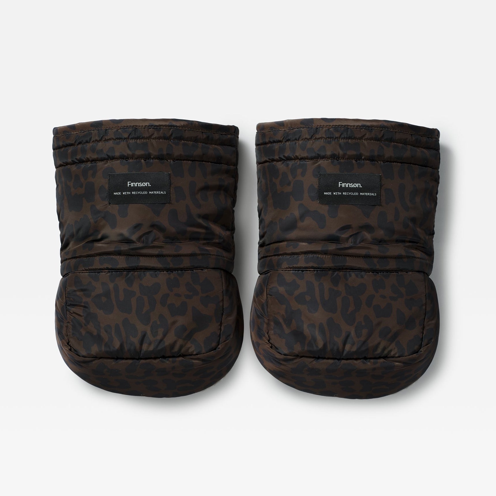 Astrid Eco Universal Stroller Mittens in Chocolate Leopard: pair of quilted mittens with Finnson label, front view