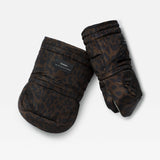 Pair of Astrid stroller mittens in Chocolate Leopard laid at an angle, showing the quilted cuff and hand opening