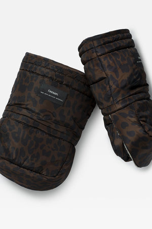 Pair of Astrid stroller mittens in Chocolate Leopard laid at an angle, showing the quilted cuff and hand opening