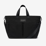Black bag with a visible brand label on a white background