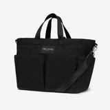 Black tote bag with a visible brand label on a white background