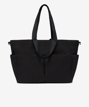 Black tote bag with multiple compartments on a white background