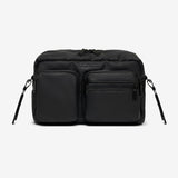 Black bag with multiple pockets on a white background