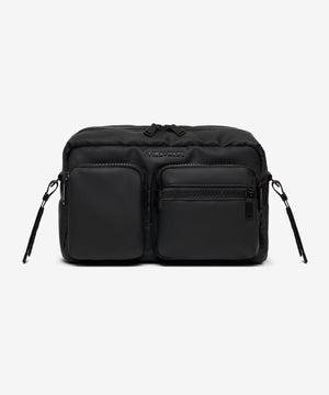 Black bag with multiple pockets on a white background
