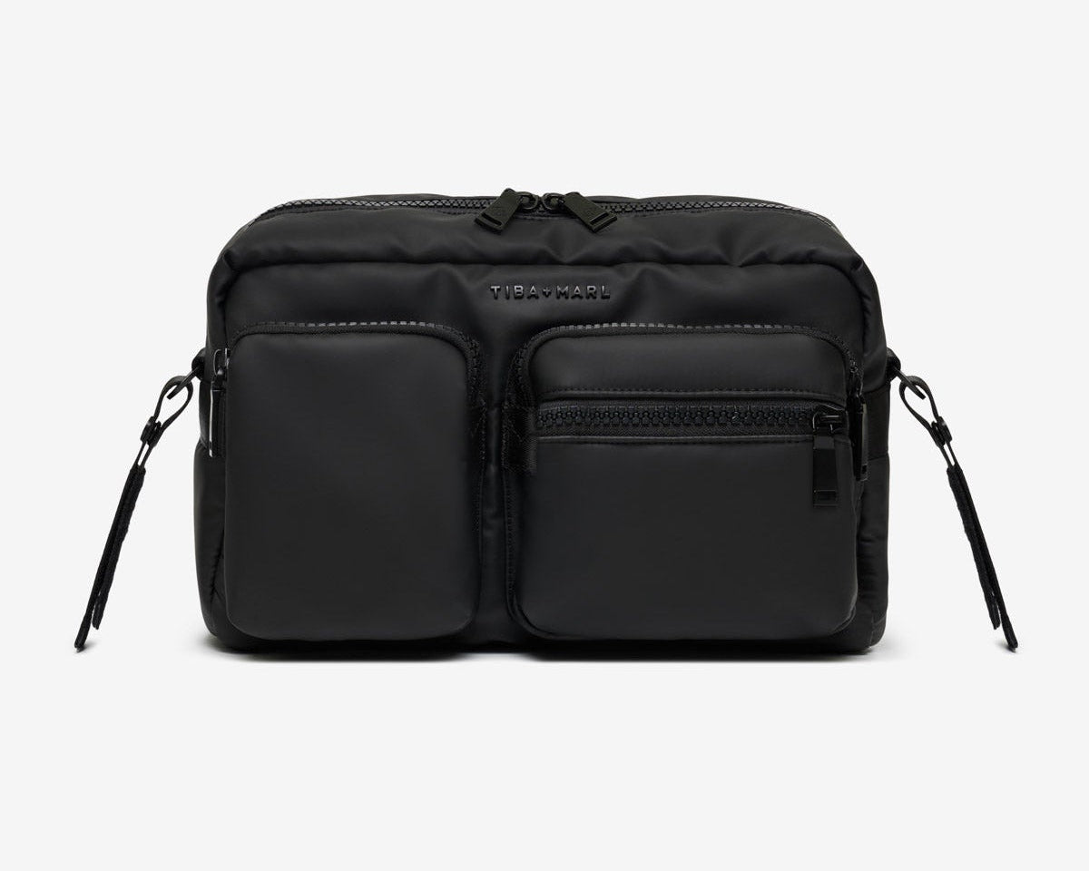 Black bag with multiple pockets on a white background