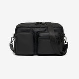Black crossbody bag on a white background