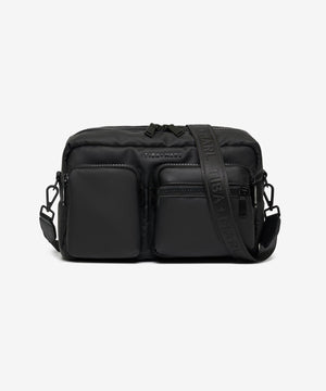 Black crossbody bag on a white background