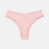 A pair of light pink low-rise bikini bottoms with a wide waistband, shown flat against a light gray background.