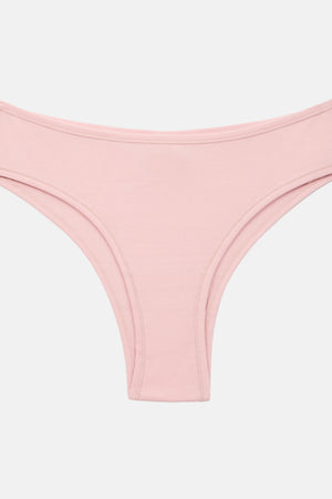 A pair of light pink low-rise bikini bottoms with a wide waistband, shown flat against a light gray background.