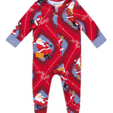 A baby's long-sleeve footed sleeper with a festive Christmas print featuring Santa Claus, set against a plain white background.