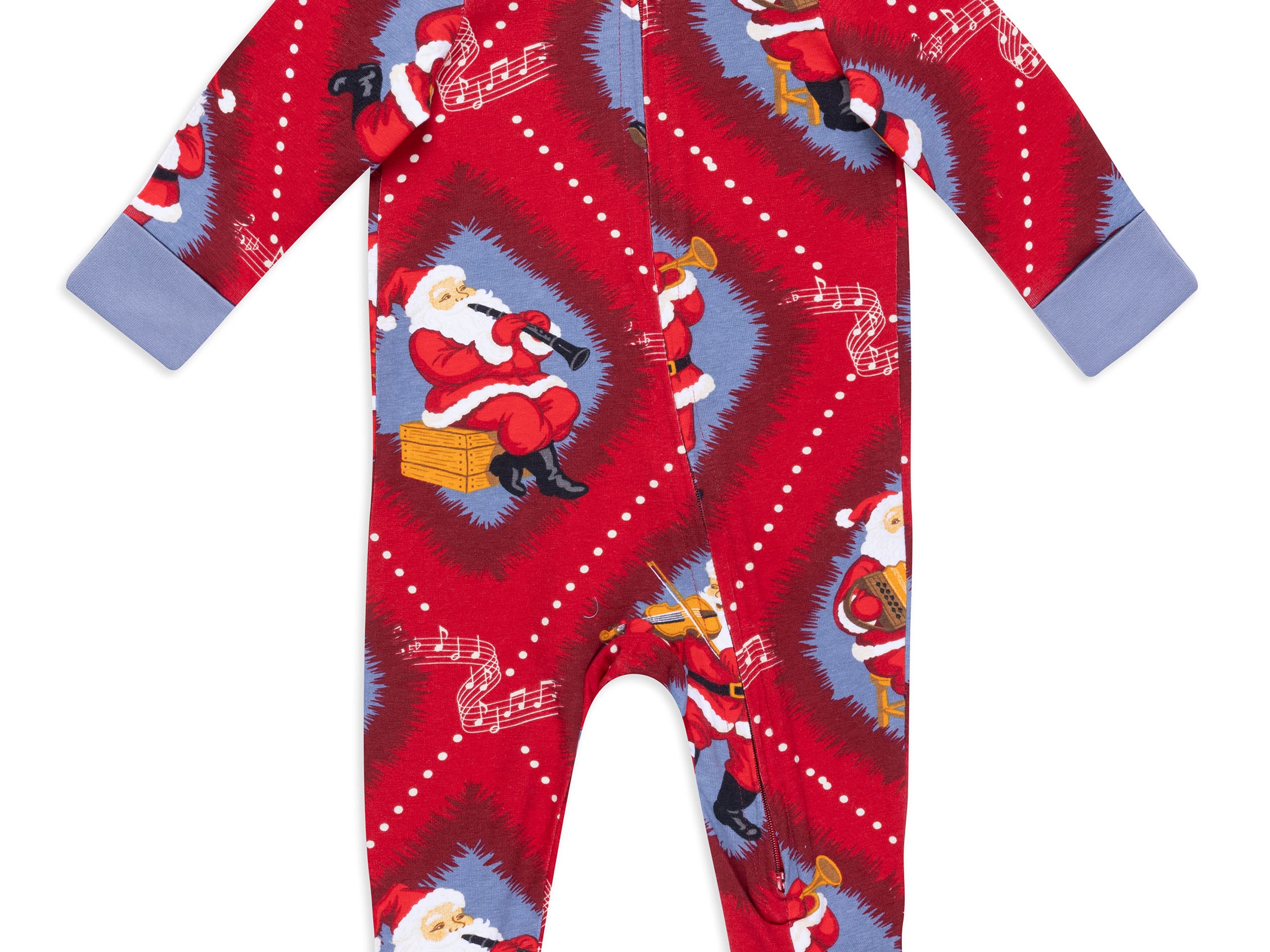 A baby's long-sleeve footed sleeper with a festive Christmas print featuring Santa Claus, set against a plain white background.