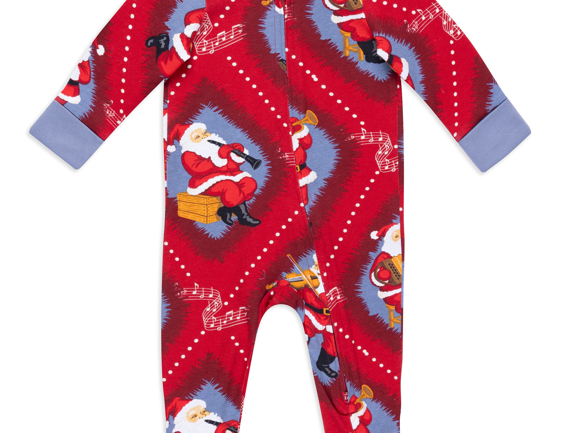 A baby's long-sleeve footed sleeper with a festive Christmas print featuring Santa Claus, set against a plain white background.