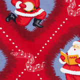 Red Christmas-themed fabric print featuring Santa Claus illustrations and white musical notes on a blue background.