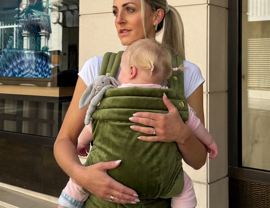 Bizzi Growin Velvet Baby Carrier Cedar Green 1