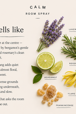 Calm Room Spray scent guide: lavender, bergamot, rosemary, ylang ylang and frankincense with a short scent description