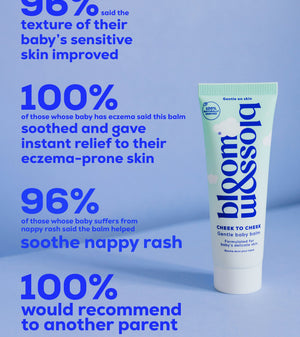 A promotional graphic for Blossom & Moss 'Cheeky to Cheek' gentle baby balm, featuring a white and light blue tube on a light blue background with bold blue text displaying customer review statistics.