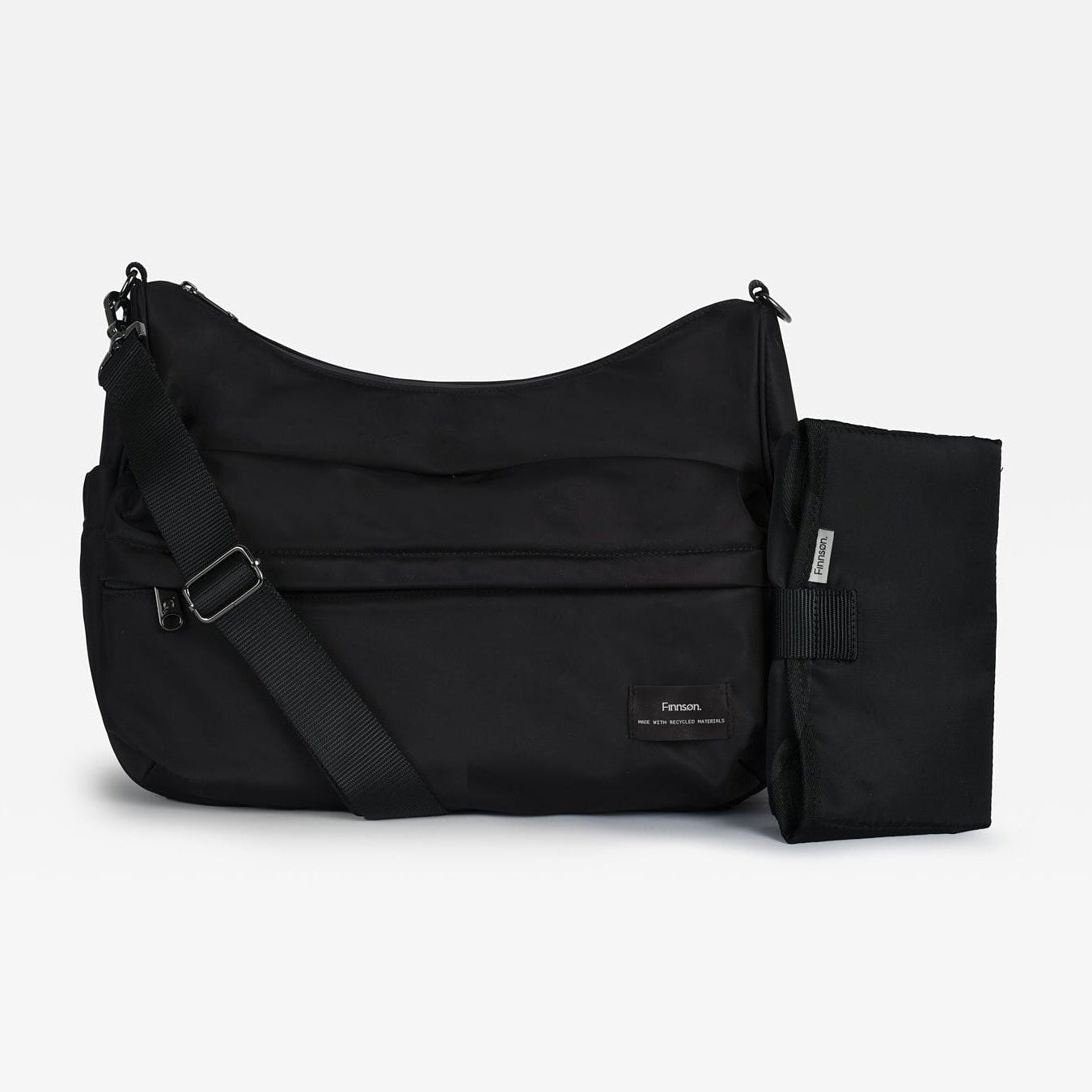 A black nylon shoulder bag with an adjustable shoulder strap and a matching zippered pouch attachment, shown on a light gray background.