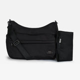 A black nylon shoulder bag with an adjustable shoulder strap and a matching zippered pouch attachment, shown on a light gray background.