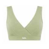 A sage green wireless sports bra with a crossover wrap front and a white 'lesh.' logo printed on the underband, shown against a plain white background.