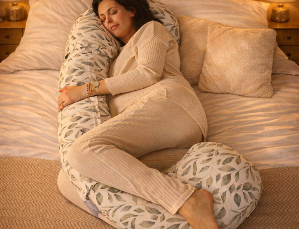 3-in-1 Nursing and Maternity Pillow in leaf print, woman lying on her side in bed hugging the pillow with eyes closed
