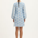 Back view of the Deborah Waffle Mini Dress in Bright White and Blue by Summery Copenhagen – lightweight cotton mini with embroidered detail, ideal for mums during pregnancy and breastfeeding